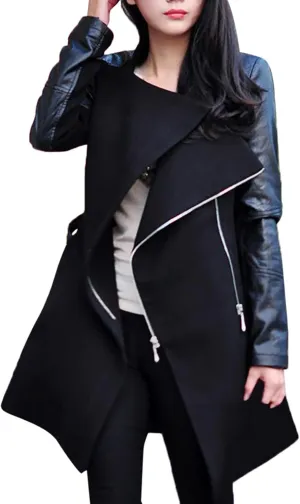 tuduoms Womens Trench Coat Faux Leather Pu Coat Patchwork Splice Lapel Panel Woolen Trench Jacket Cardigan Pea Coat Overcoat