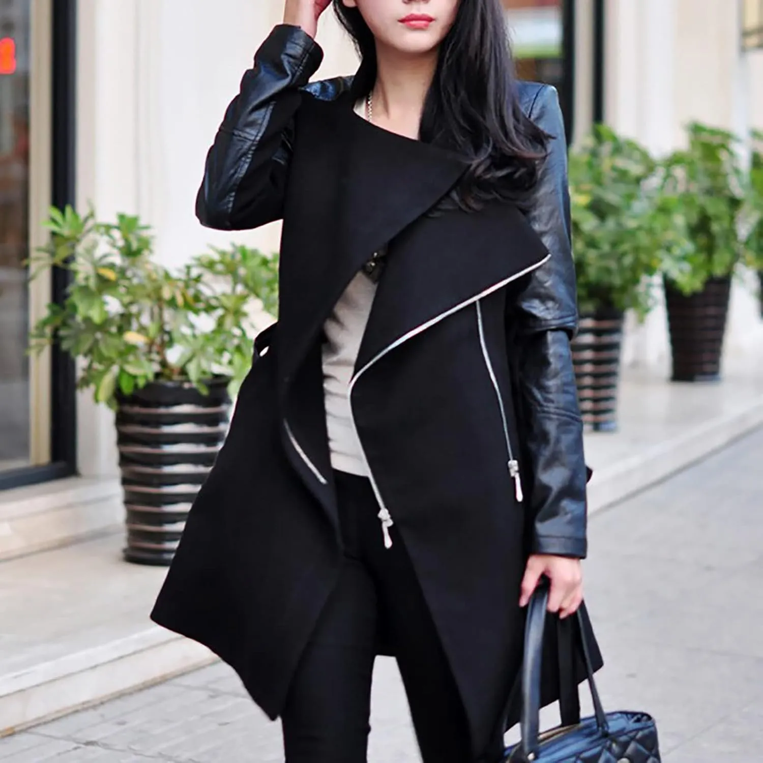 tuduoms Womens Trench Coat Faux Leather Pu Coat Patchwork Splice Lapel Panel Woolen Trench Jacket Cardigan Pea Coat Overcoat