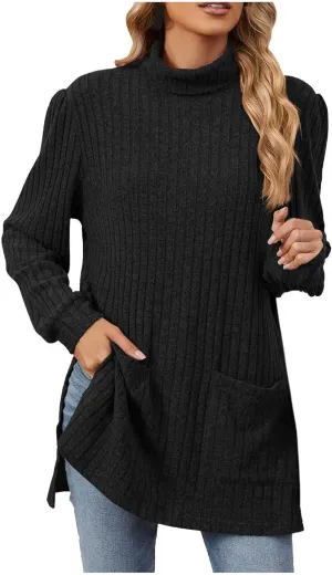 Turtleneck Sweaters for Women Long Sleeve Oversized Sweater with Pockets Loose Chunky Warm Pullover Sweater Top