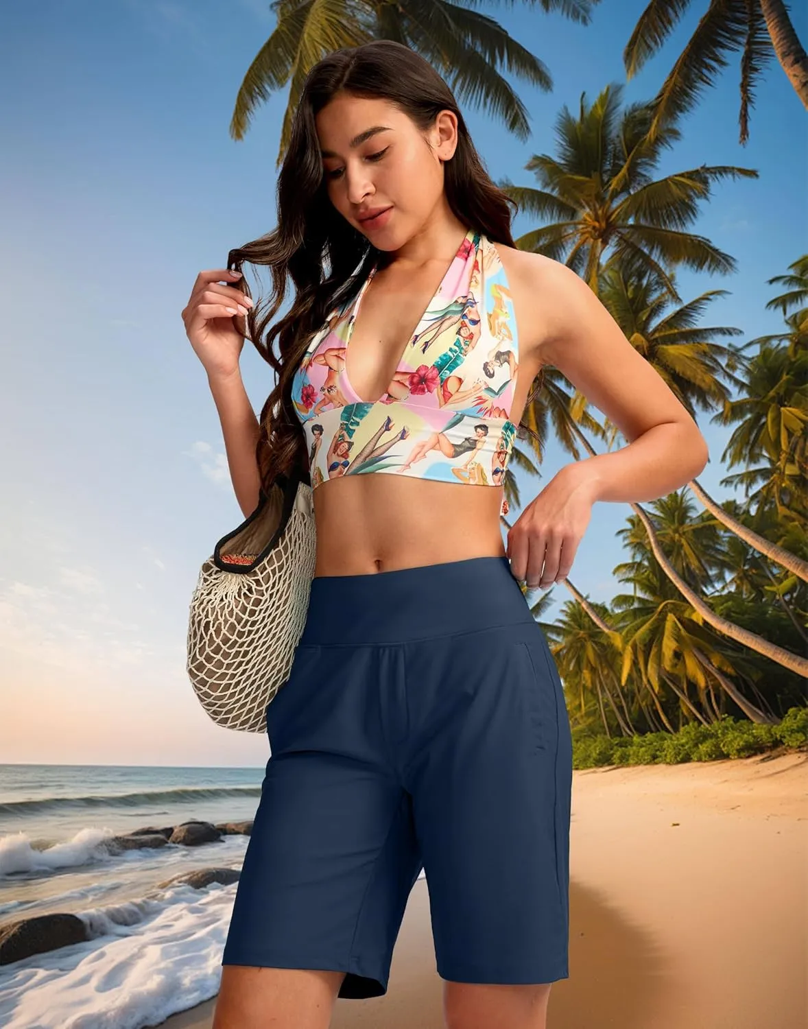 Viodia Women's 9" Long Swim Shorts Modest Swimsuits Bathing Suit Knee Length Bermuda Board Shorts for Women with Pocket