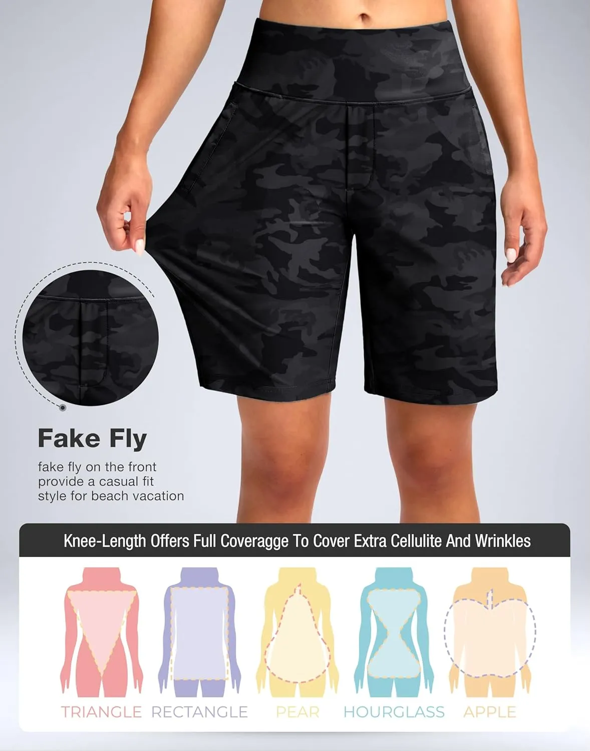 Viodia Women's 9" Long Swim Shorts Modest Swimsuits Bathing Suit Knee Length Bermuda Board Shorts for Women with Pocket