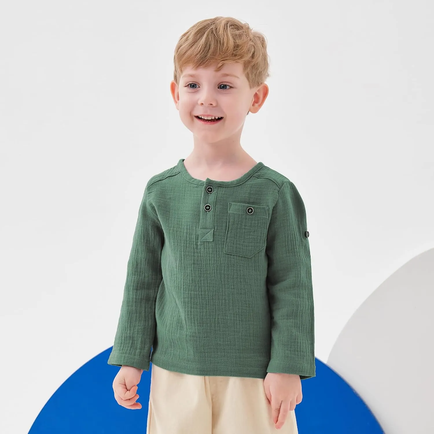 Volunboy Toddler Boys Henley Long Sleeve Cotton Linen Shirt Solid Short Beach Casual Button Tees Tops