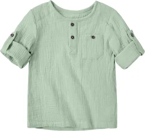 Volunboy Toddler Boys Henley Long Sleeve Cotton Linen Shirt Solid Short Beach Casual Button Tees Tops