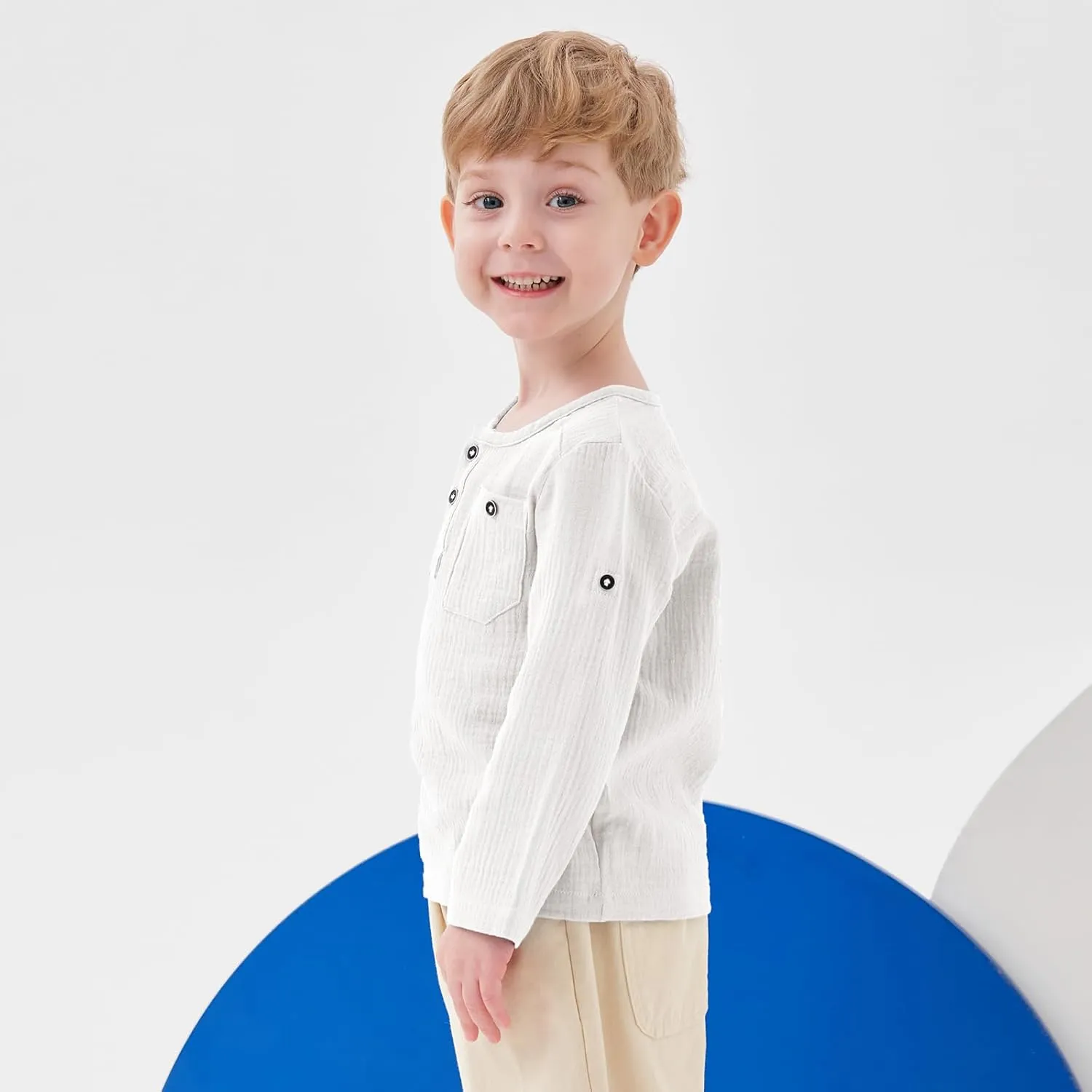 Volunboy Toddler Boys Henley Long Sleeve Cotton Linen Shirt Solid Short Beach Casual Button Tees Tops