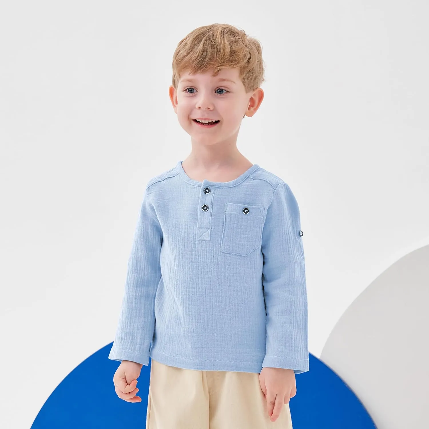 Volunboy Toddler Boys Henley Long Sleeve Cotton Linen Shirt Solid Short Beach Casual Button Tees Tops