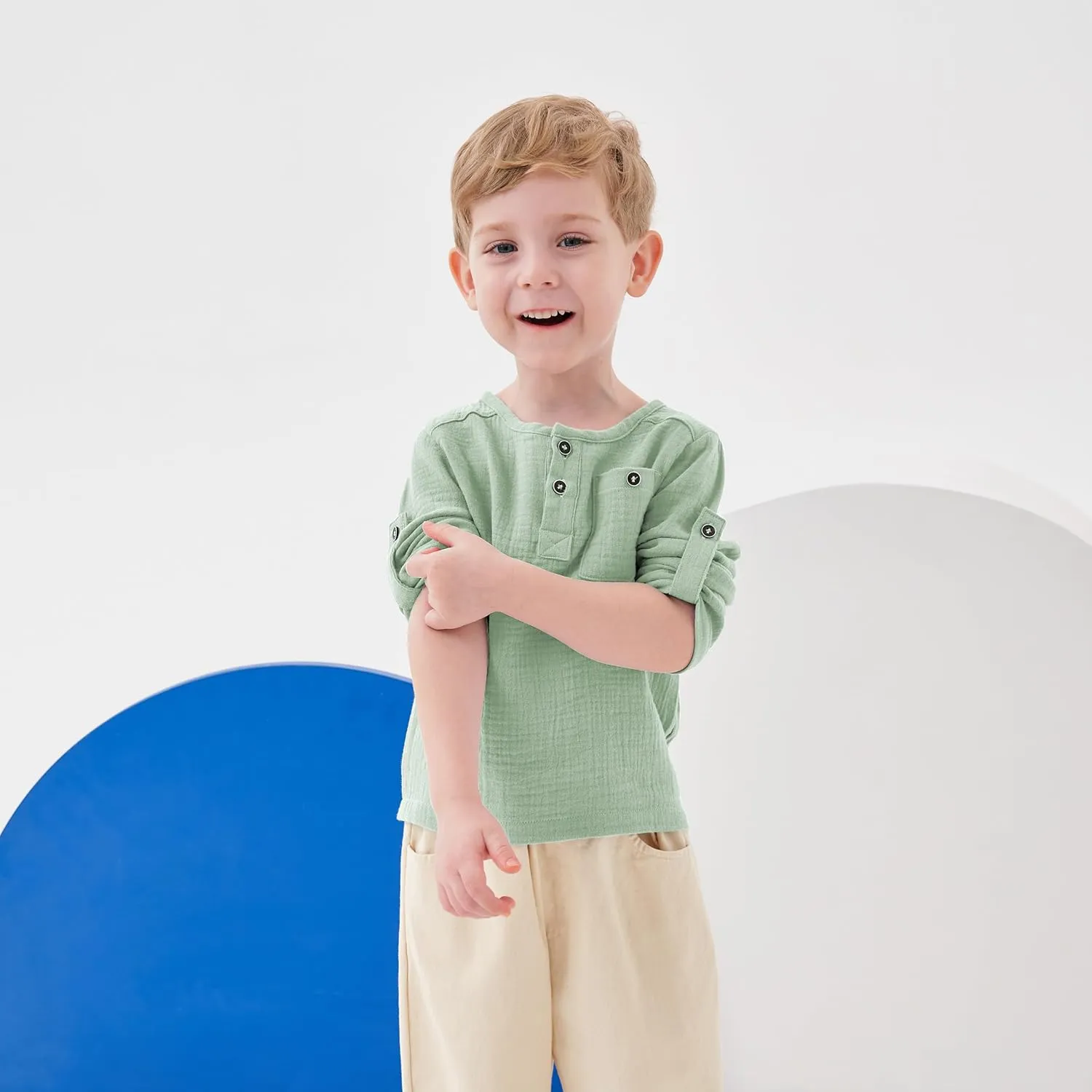 Volunboy Toddler Boys Henley Long Sleeve Cotton Linen Shirt Solid Short Beach Casual Button Tees Tops