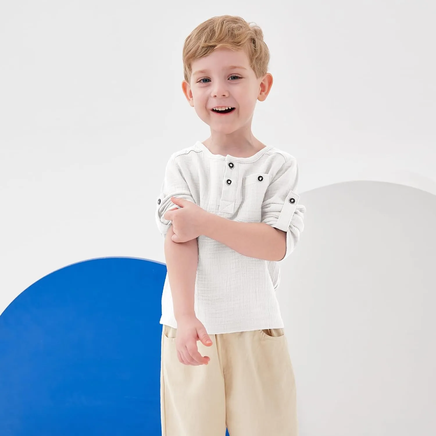 Volunboy Toddler Boys Henley Long Sleeve Cotton Linen Shirt Solid Short Beach Casual Button Tees Tops