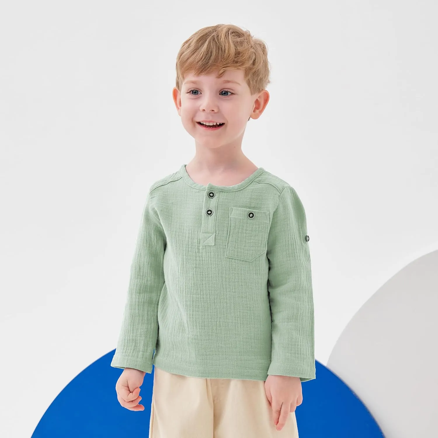 Volunboy Toddler Boys Henley Long Sleeve Cotton Linen Shirt Solid Short Beach Casual Button Tees Tops