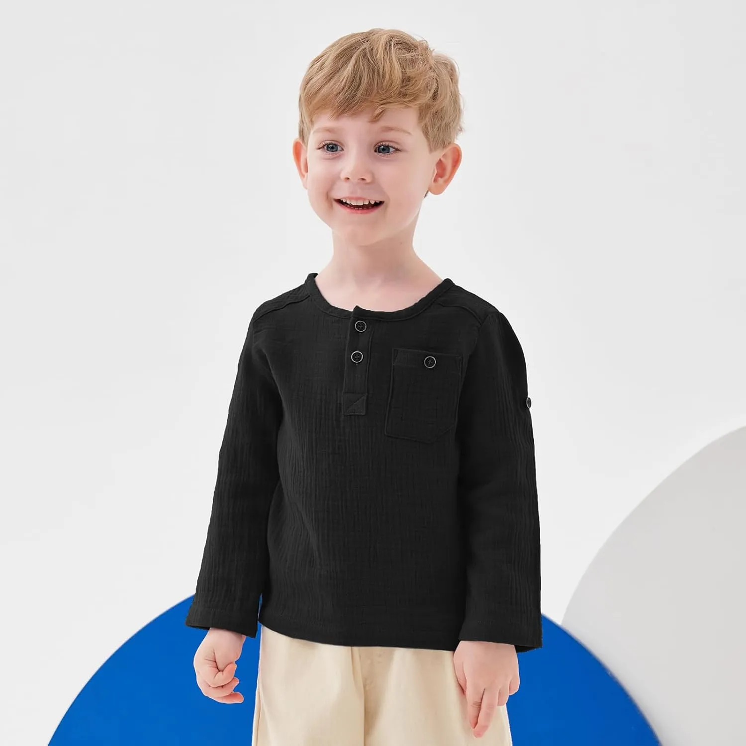 Volunboy Toddler Boys Henley Long Sleeve Cotton Linen Shirt Solid Short Beach Casual Button Tees Tops