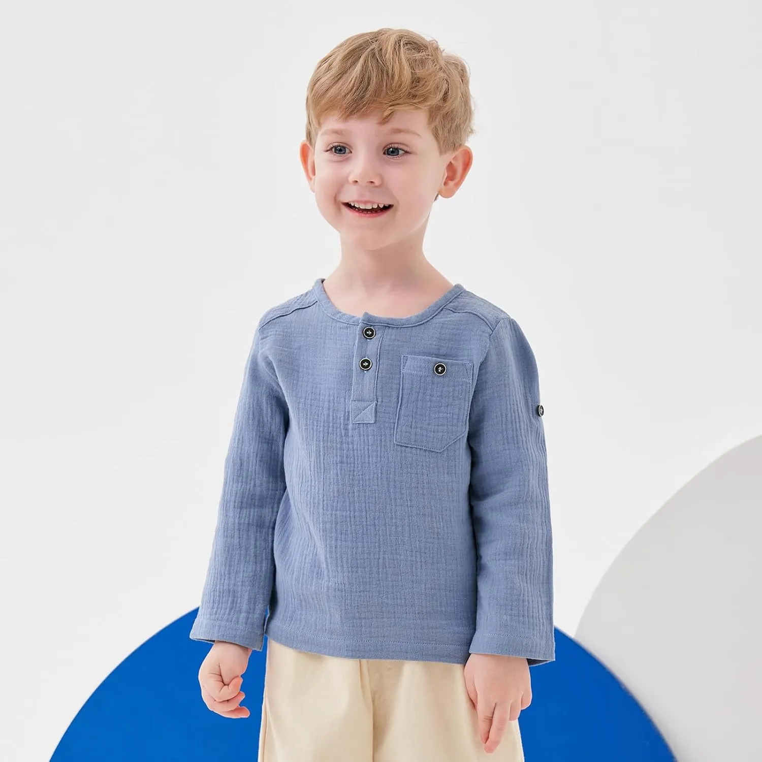 Volunboy Toddler Boys Henley Long Sleeve Cotton Linen Shirt Solid Short Beach Casual Button Tees Tops