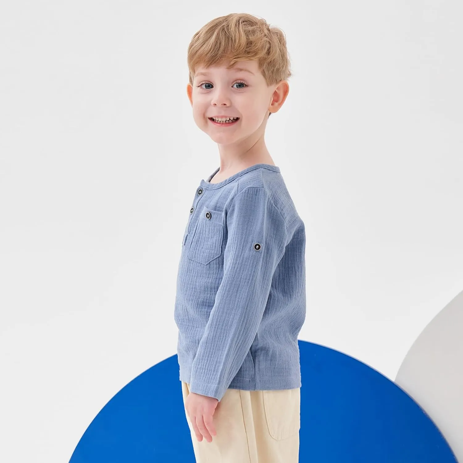 Volunboy Toddler Boys Henley Long Sleeve Cotton Linen Shirt Solid Short Beach Casual Button Tees Tops