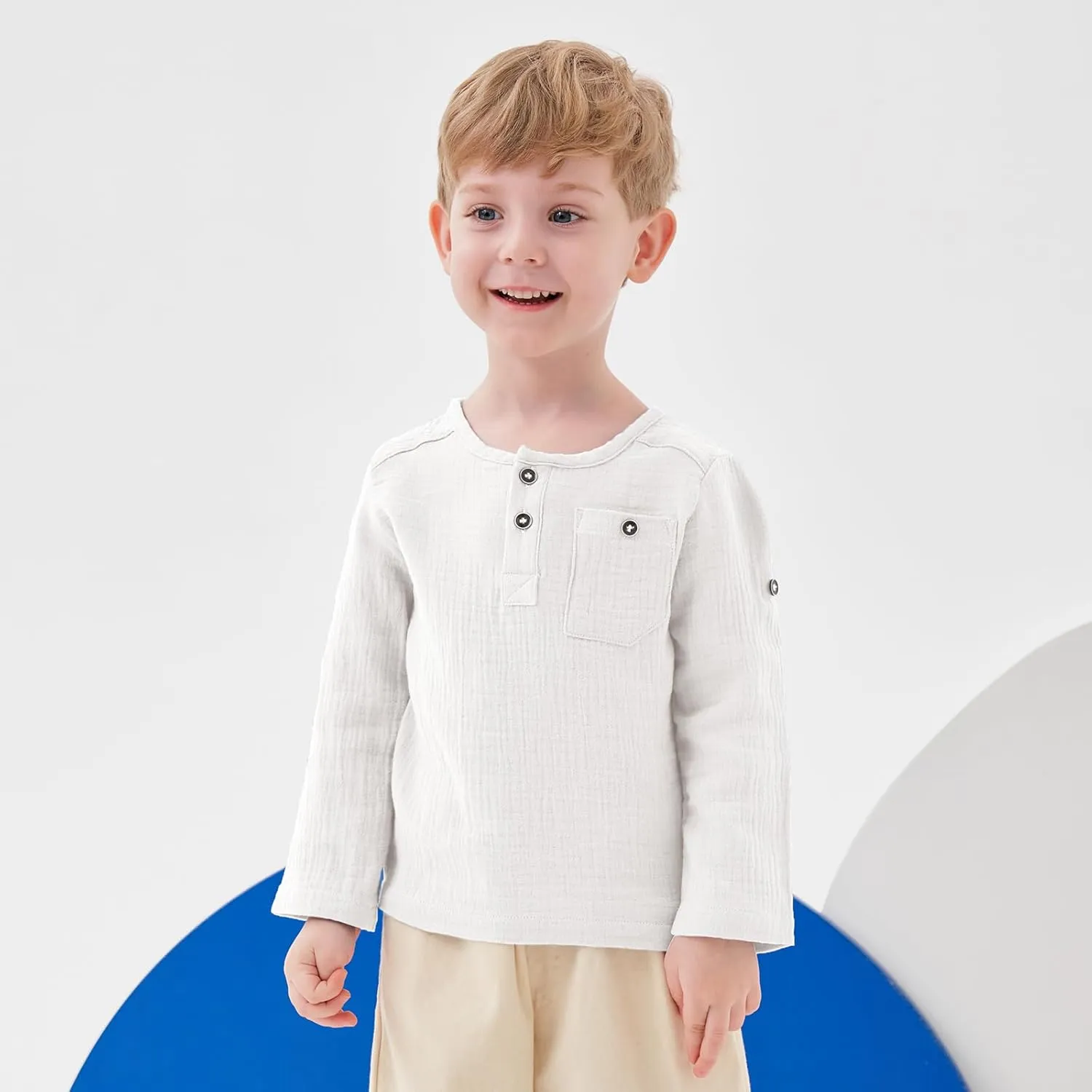 Volunboy Toddler Boys Henley Long Sleeve Cotton Linen Shirt Solid Short Beach Casual Button Tees Tops