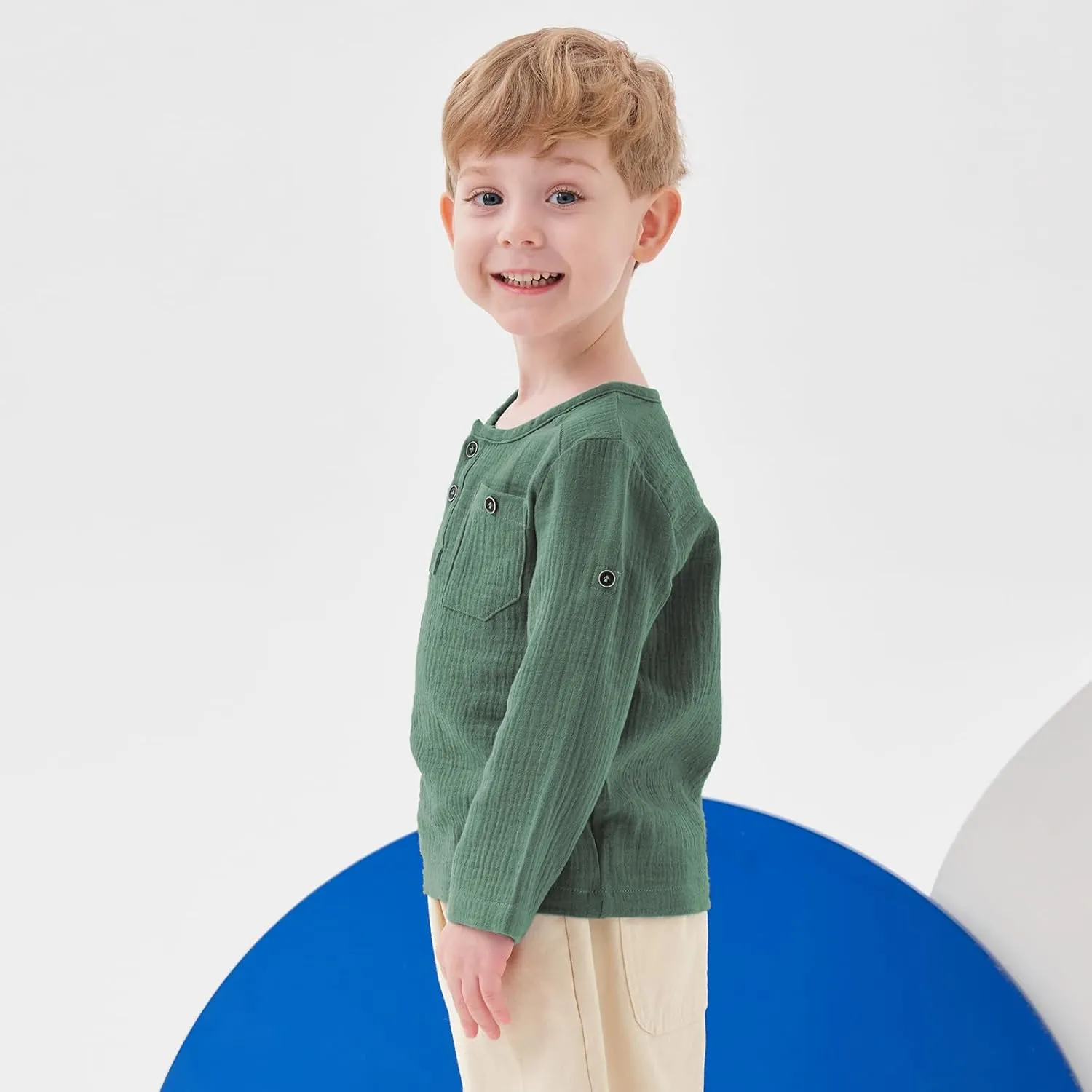 Volunboy Toddler Boys Henley Long Sleeve Cotton Linen Shirt Solid Short Beach Casual Button Tees Tops