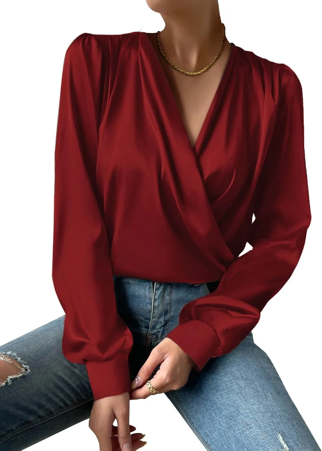Vrtige Women's Satin Silky Draped Wrap V Neck Ruched Long Sleeve Blouse Shirt Top