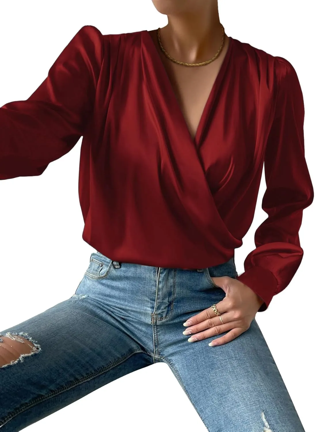 Vrtige Women's Satin Silky Draped Wrap V Neck Ruched Long Sleeve Blouse Shirt Top