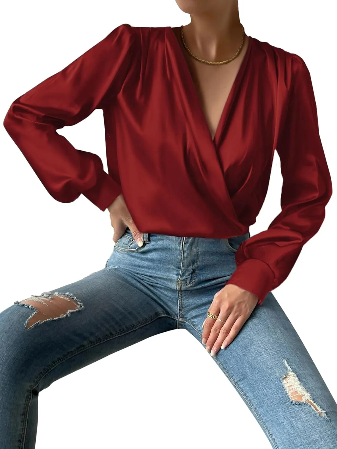 Vrtige Women's Satin Silky Draped Wrap V Neck Ruched Long Sleeve Blouse Shirt Top
