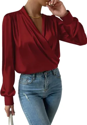 Vrtige Women's Satin Silky Draped Wrap V Neck Ruched Long Sleeve Blouse Shirt Top