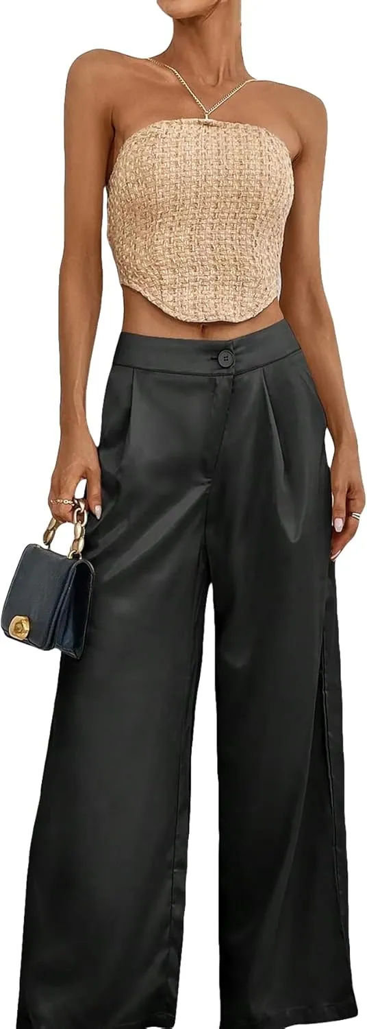 WDIRARA Women's Satin Pants Wide Leg High Waisted Loose Elegant Office Simple Pants
