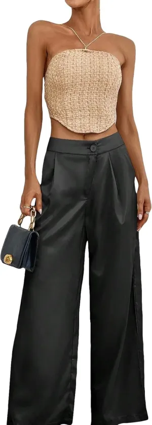 WDIRARA Women's Satin Pants Wide Leg High Waisted Loose Elegant Office Simple Pants
