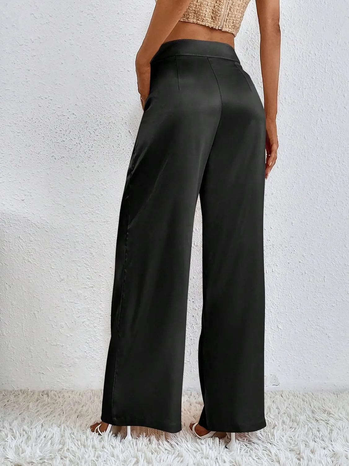 WDIRARA Women's Satin Pants Wide Leg High Waisted Loose Elegant Office Simple Pants