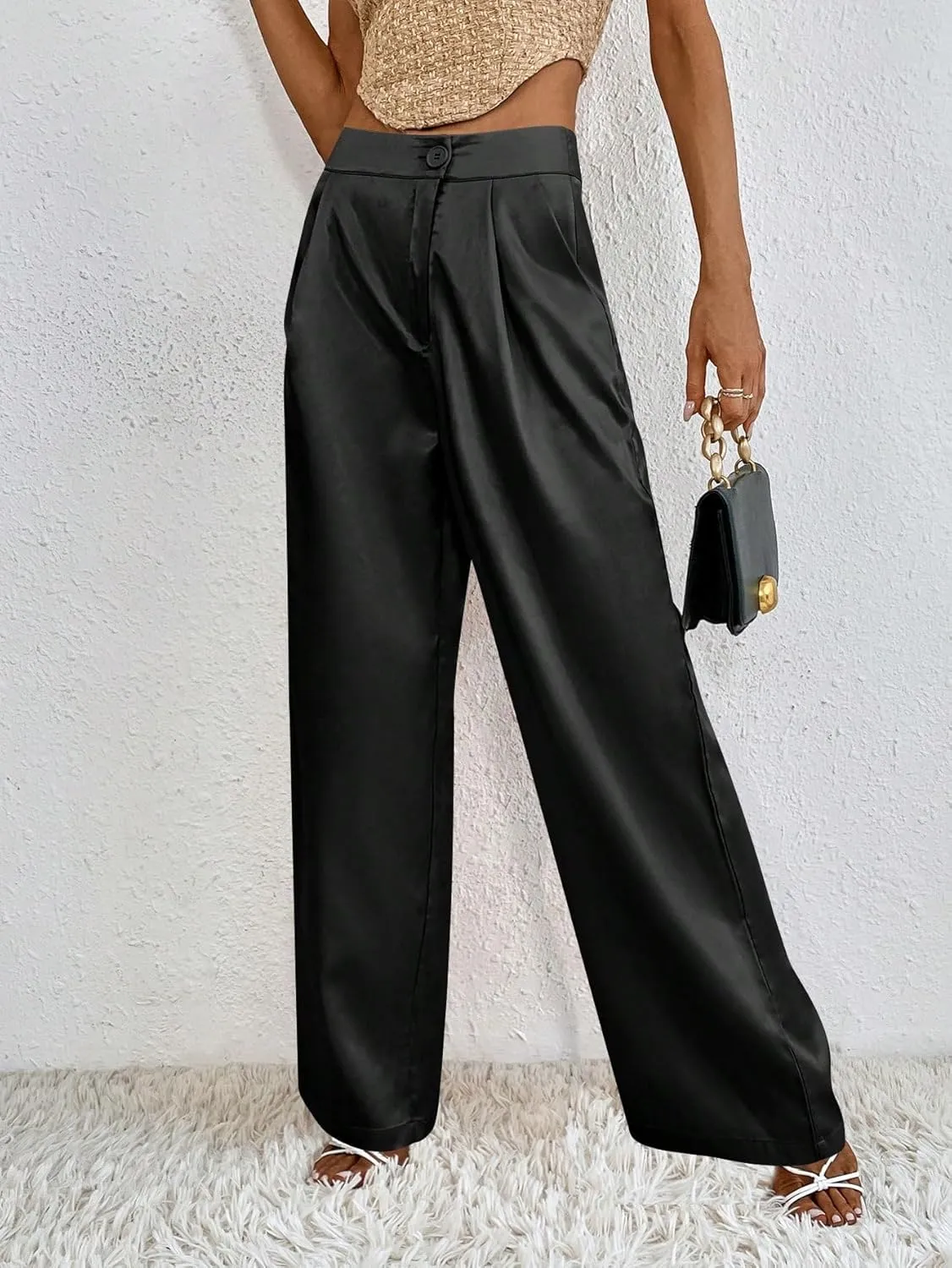 WDIRARA Women's Satin Pants Wide Leg High Waisted Loose Elegant Office Simple Pants