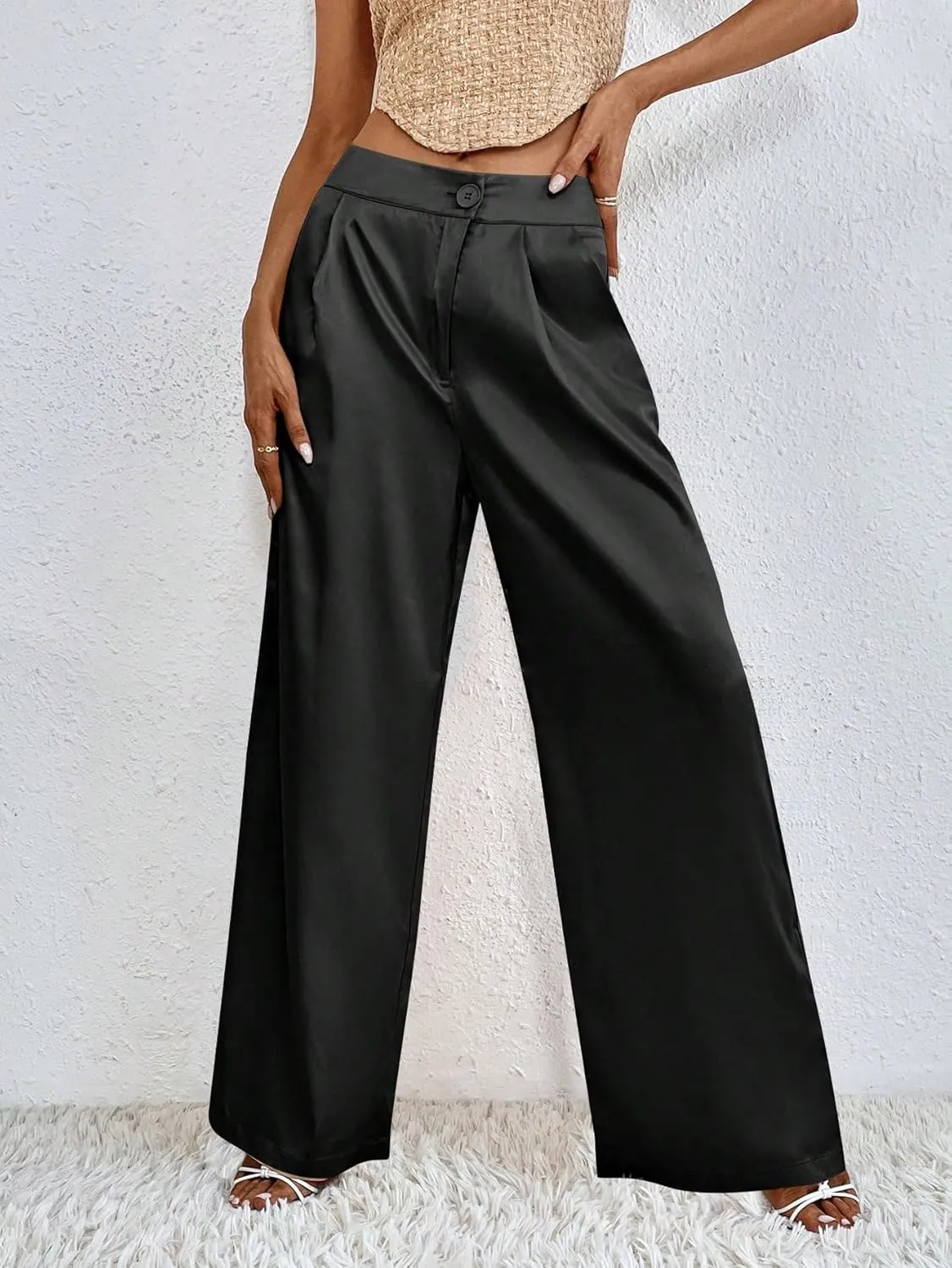 WDIRARA Women's Satin Pants Wide Leg High Waisted Loose Elegant Office Simple Pants