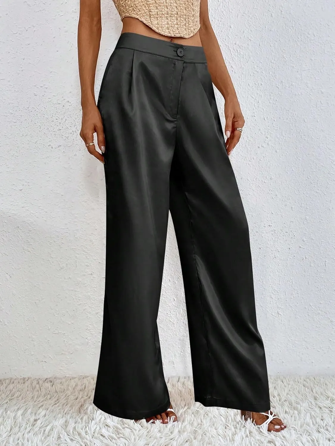 WDIRARA Women's Satin Pants Wide Leg High Waisted Loose Elegant Office Simple Pants