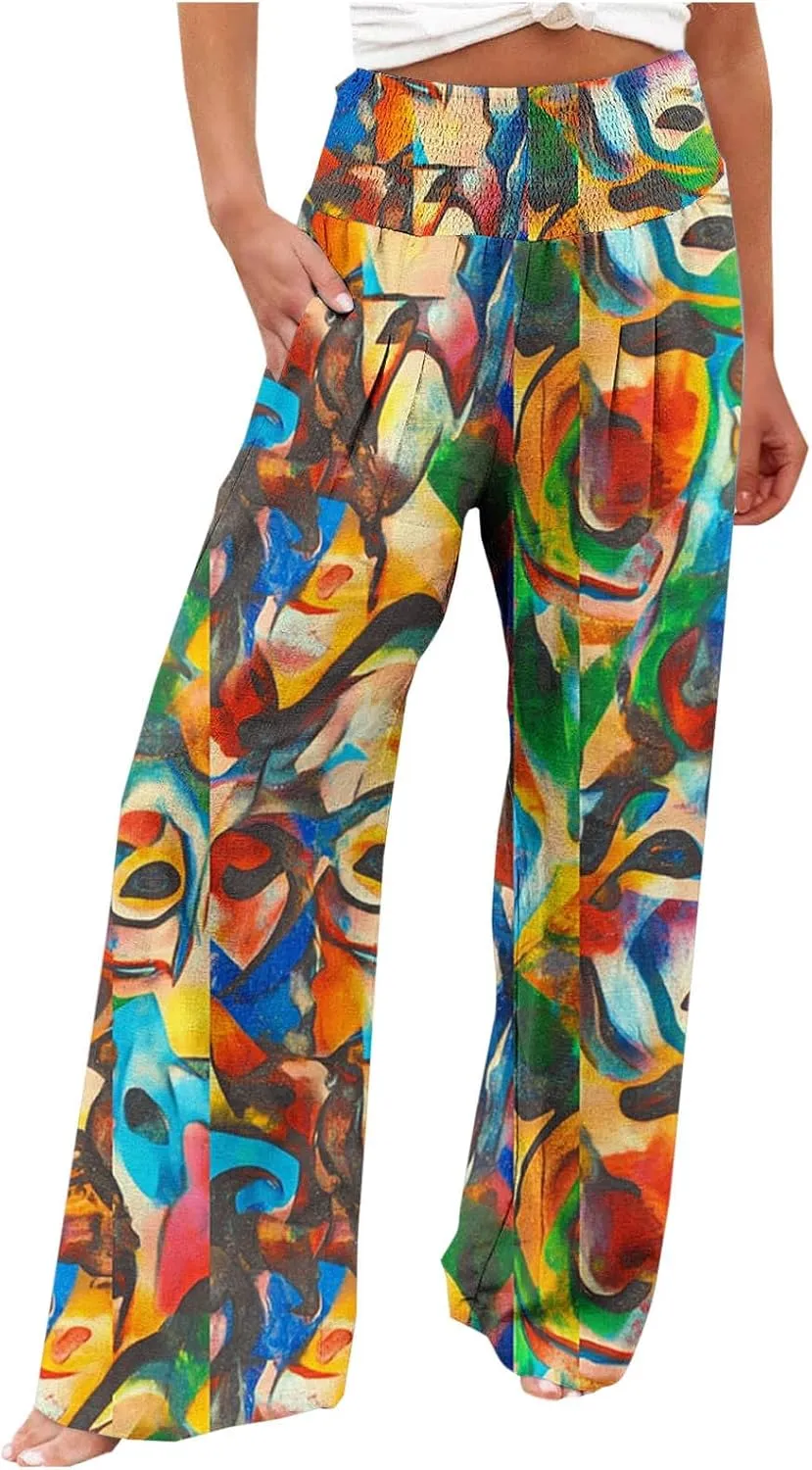 Wide Leg Linen Pants for Women Floral Printed Casual Summer Smocked High Waisted Lightweight Lounge Palazzo Beach Trousers