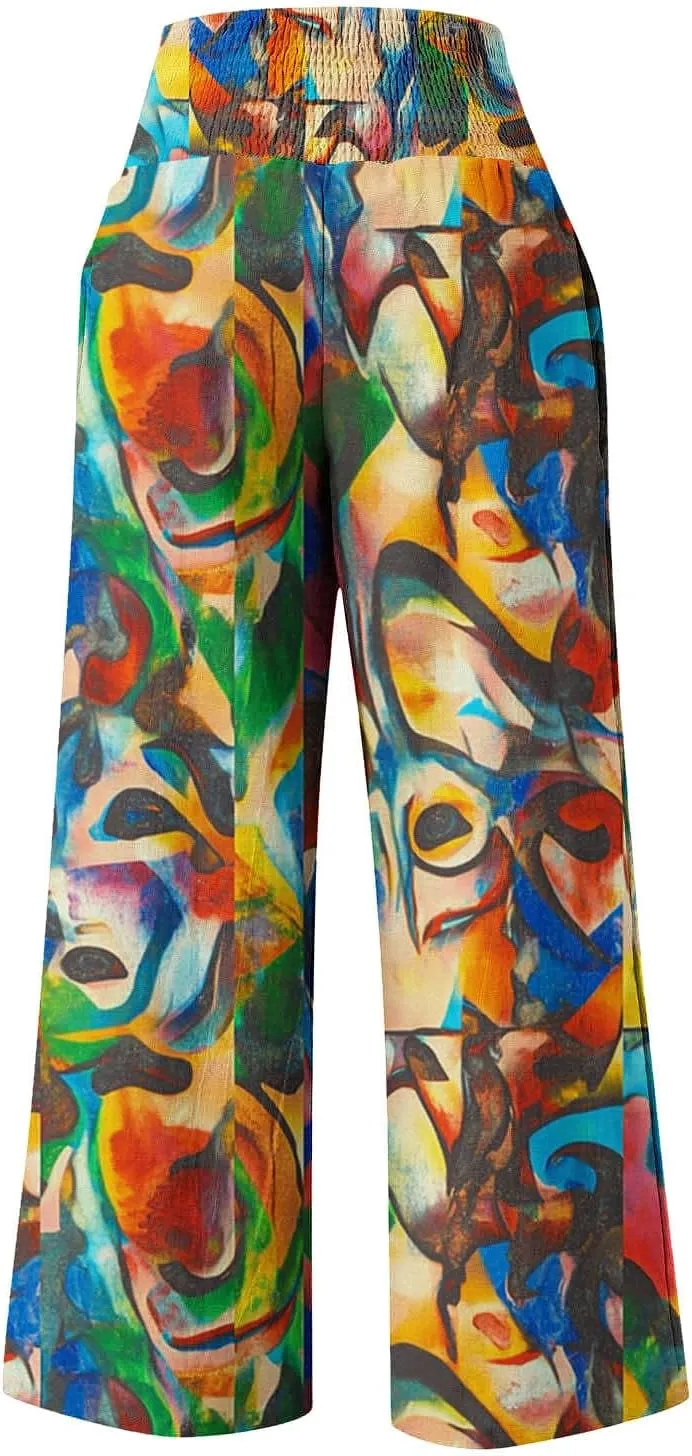 Wide Leg Linen Pants for Women Floral Printed Casual Summer Smocked High Waisted Lightweight Lounge Palazzo Beach Trousers
