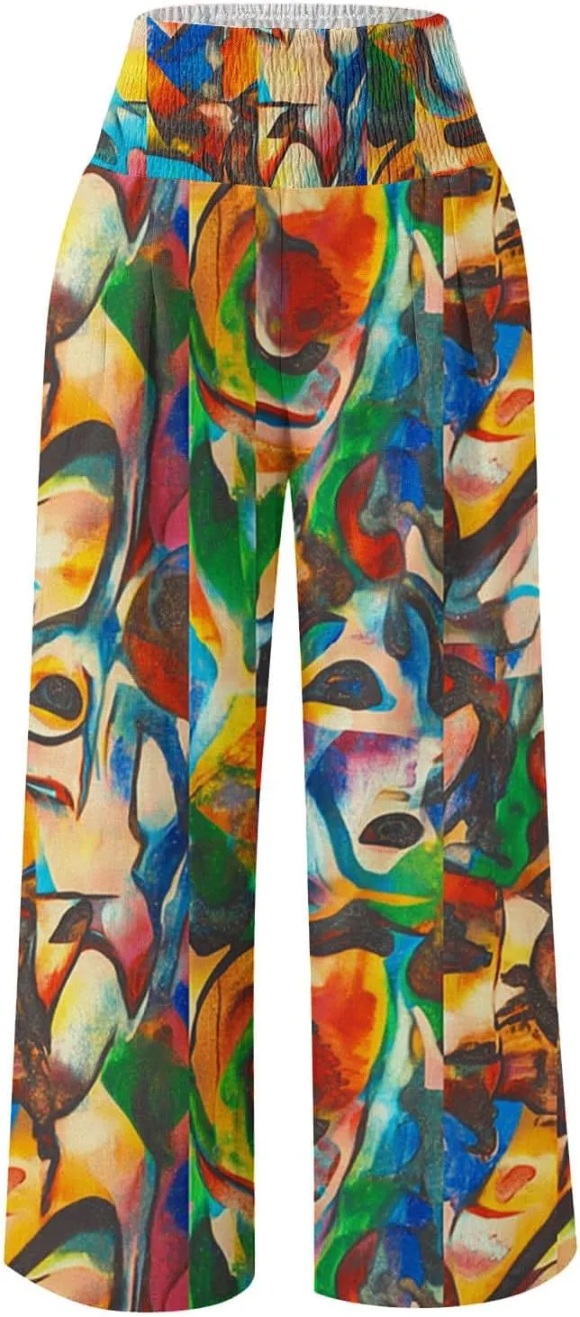 Wide Leg Linen Pants for Women Floral Printed Casual Summer Smocked High Waisted Lightweight Lounge Palazzo Beach Trousers