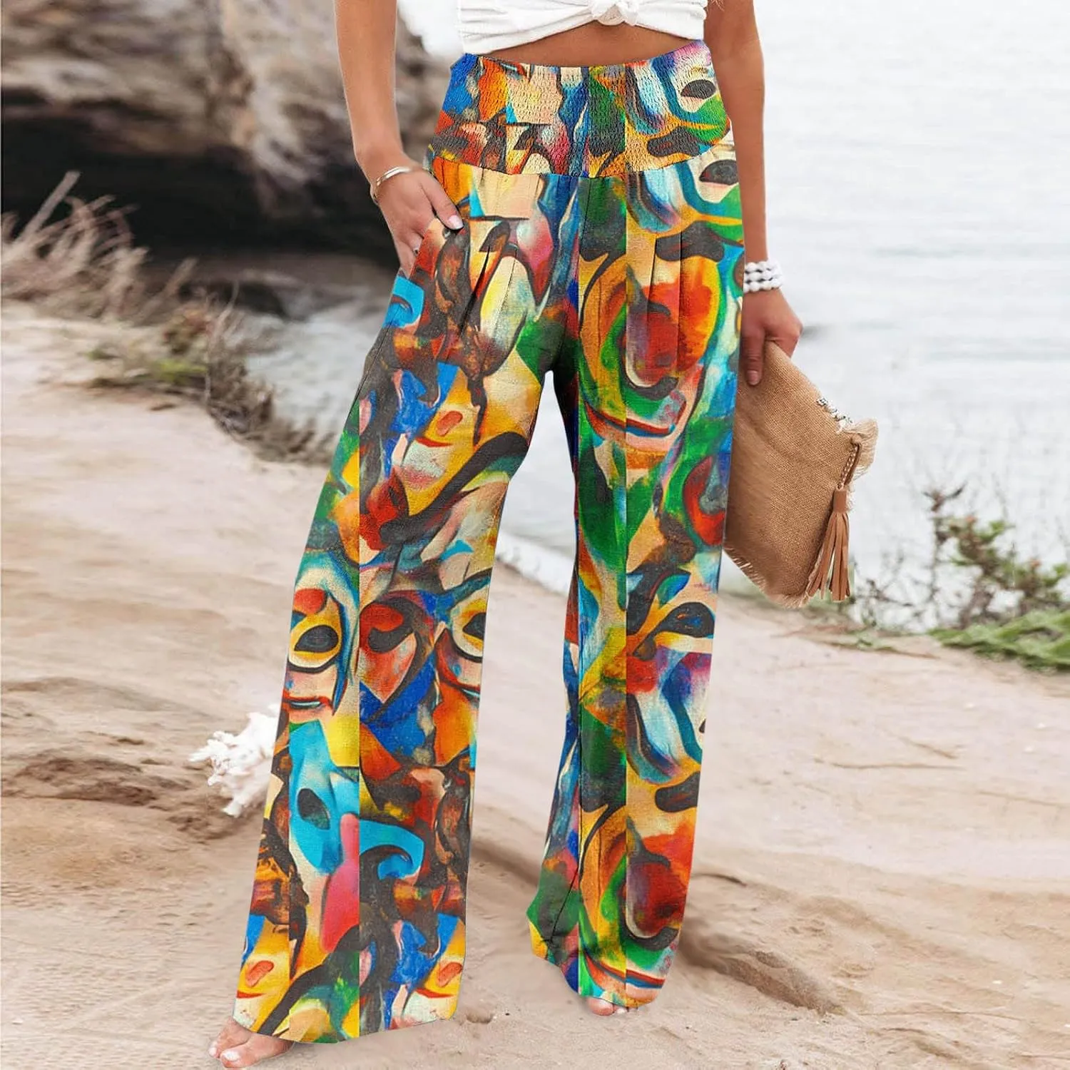 Wide Leg Linen Pants for Women Floral Printed Casual Summer Smocked High Waisted Lightweight Lounge Palazzo Beach Trousers
