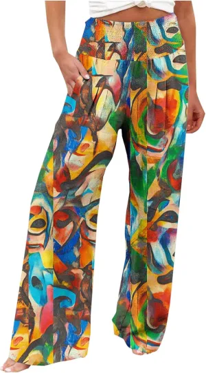 Wide Leg Linen Pants for Women Floral Printed Casual Summer Smocked High Waisted Lightweight Lounge Palazzo Beach Trousers
