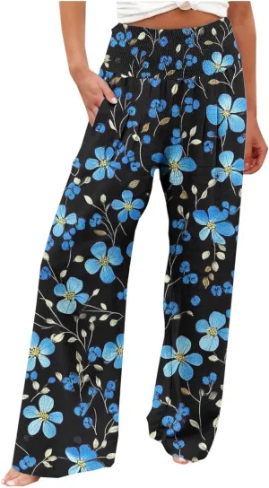 Wide Leg Linen Pants for Women Vintage Floral Printed Casual Summer Smocked High Waisted Lounge Beach Palazzo Trousers
