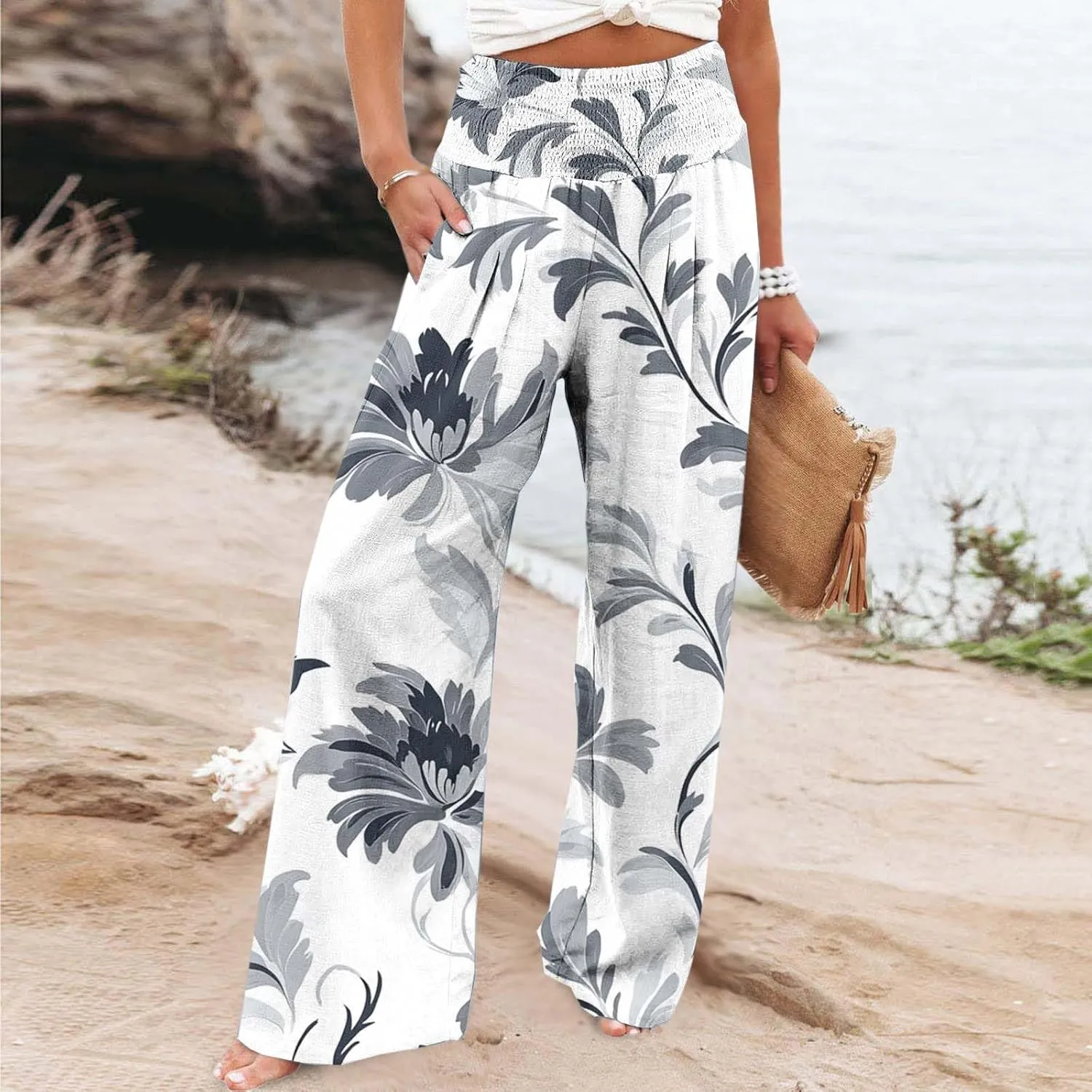 Wide Leg Linen Pants for Women Vintage Floral Printed Casual Summer Smocked High Waisted Lounge Beach Palazzo Trousers