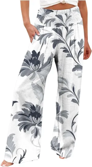 Wide Leg Linen Pants for Women Vintage Floral Printed Casual Summer Smocked High Waisted Lounge Beach Palazzo Trousers