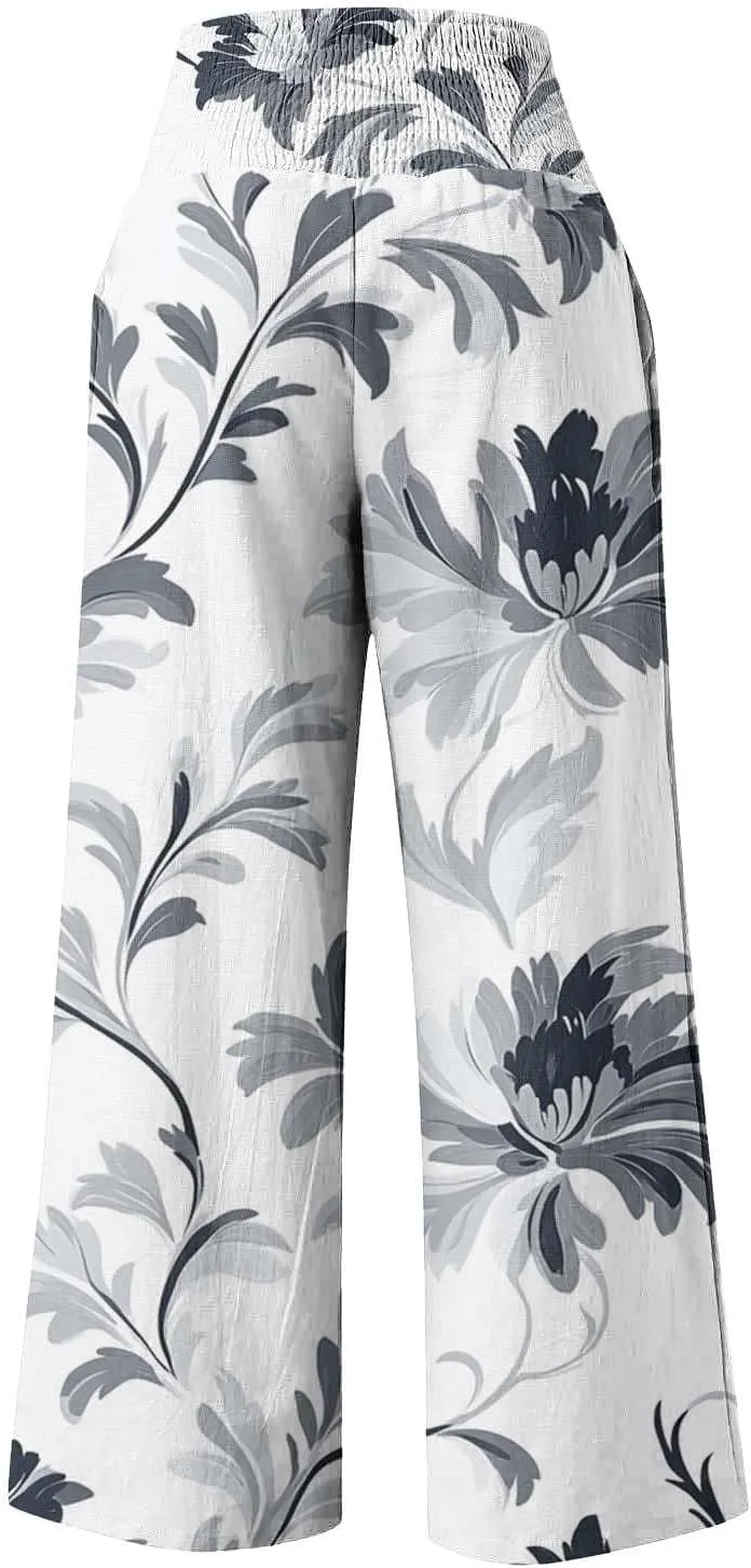 Wide Leg Linen Pants for Women Vintage Floral Printed Casual Summer Smocked High Waisted Lounge Beach Palazzo Trousers