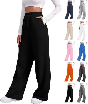 Wide Leg Sweat Pants for Womens Joggers with Pockets Comfy Fleece Sweatpants Elastic Waist Workout Lounge Pants