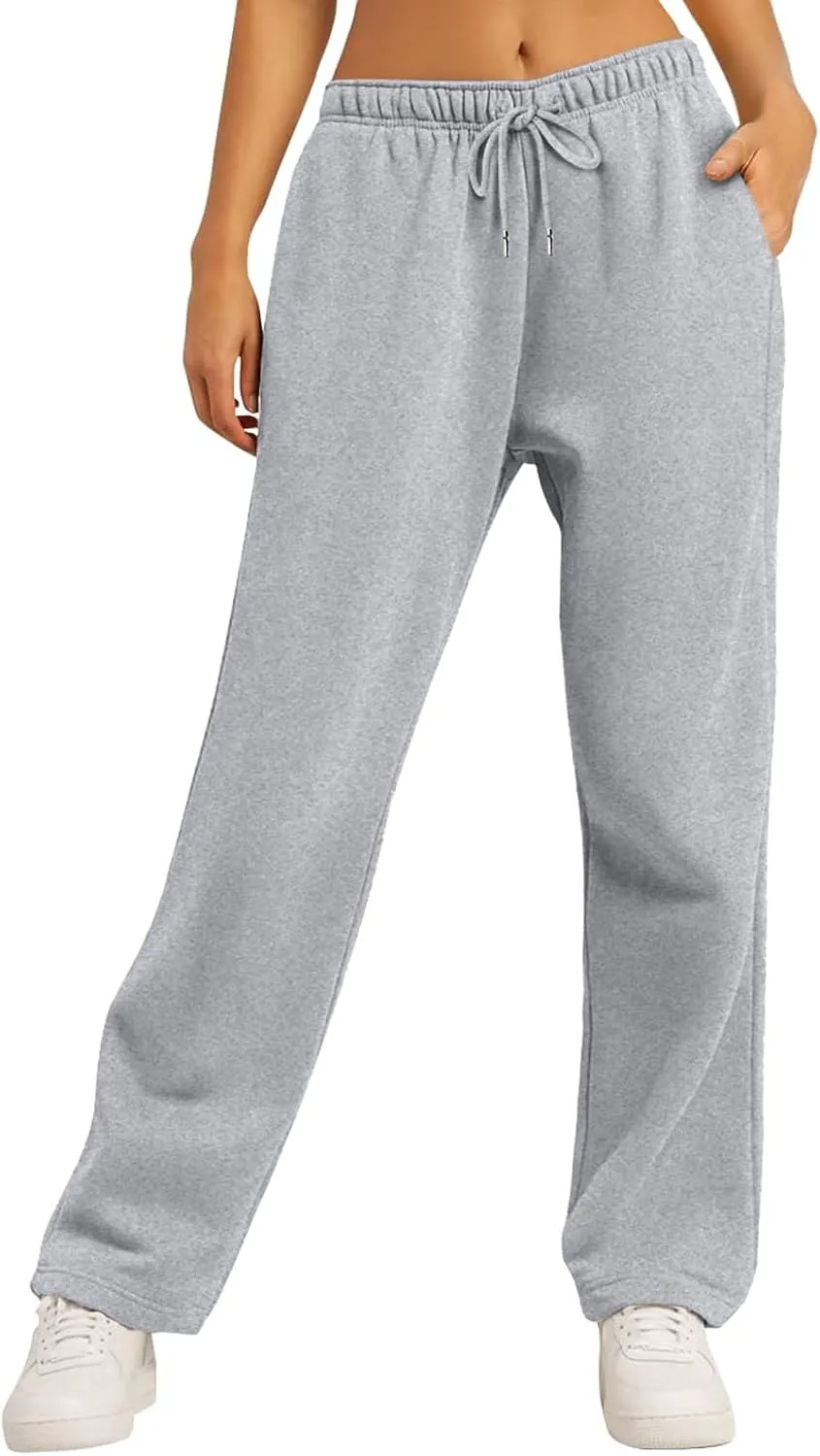 Wide Leg Sweat Pants for Womens Joggers with Pockets Comfy Fleece Sweatpants Elastic Waist Workout Lounge Pants