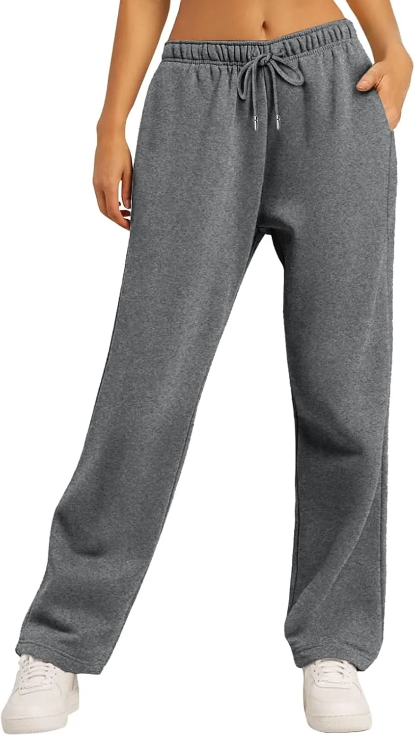 Wide Leg Sweat Pants for Womens Joggers with Pockets Comfy Fleece Sweatpants Elastic Waist Workout Lounge Pants