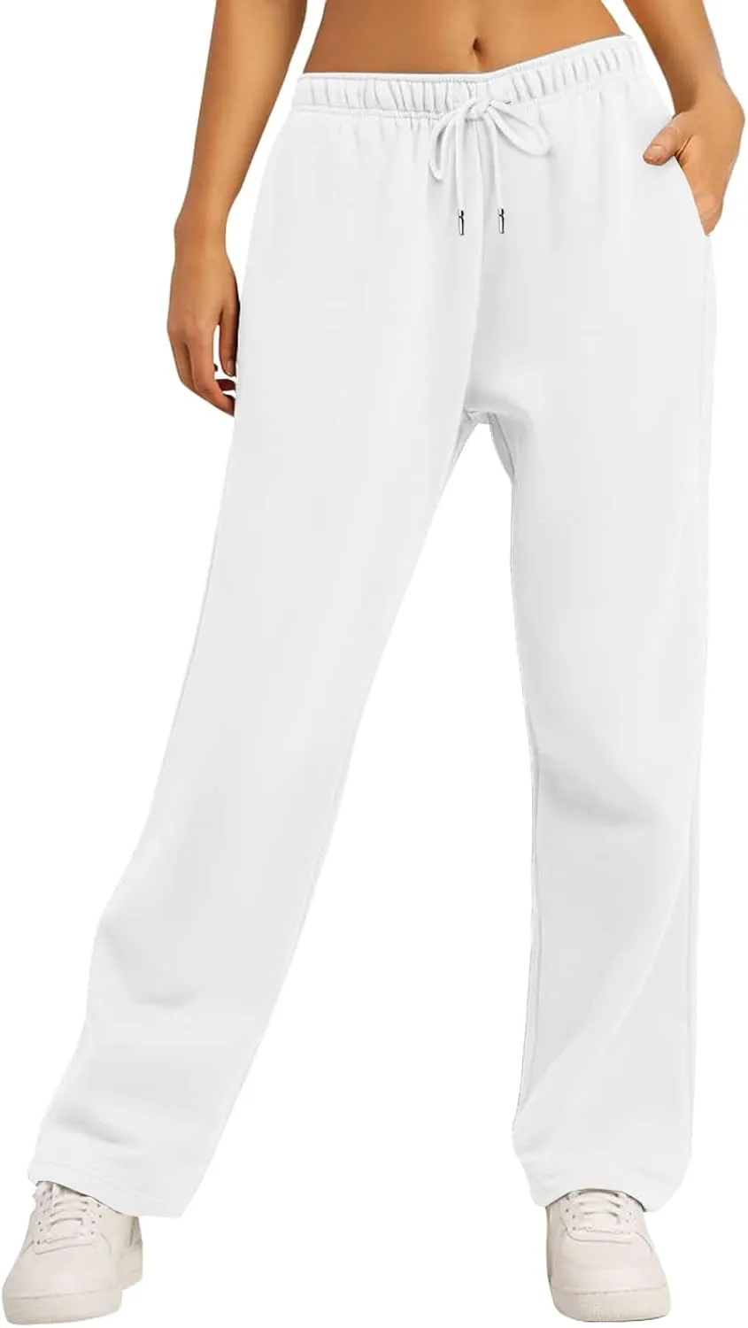 Wide Leg Sweat Pants for Womens Joggers with Pockets Comfy Fleece Sweatpants Elastic Waist Workout Lounge Pants