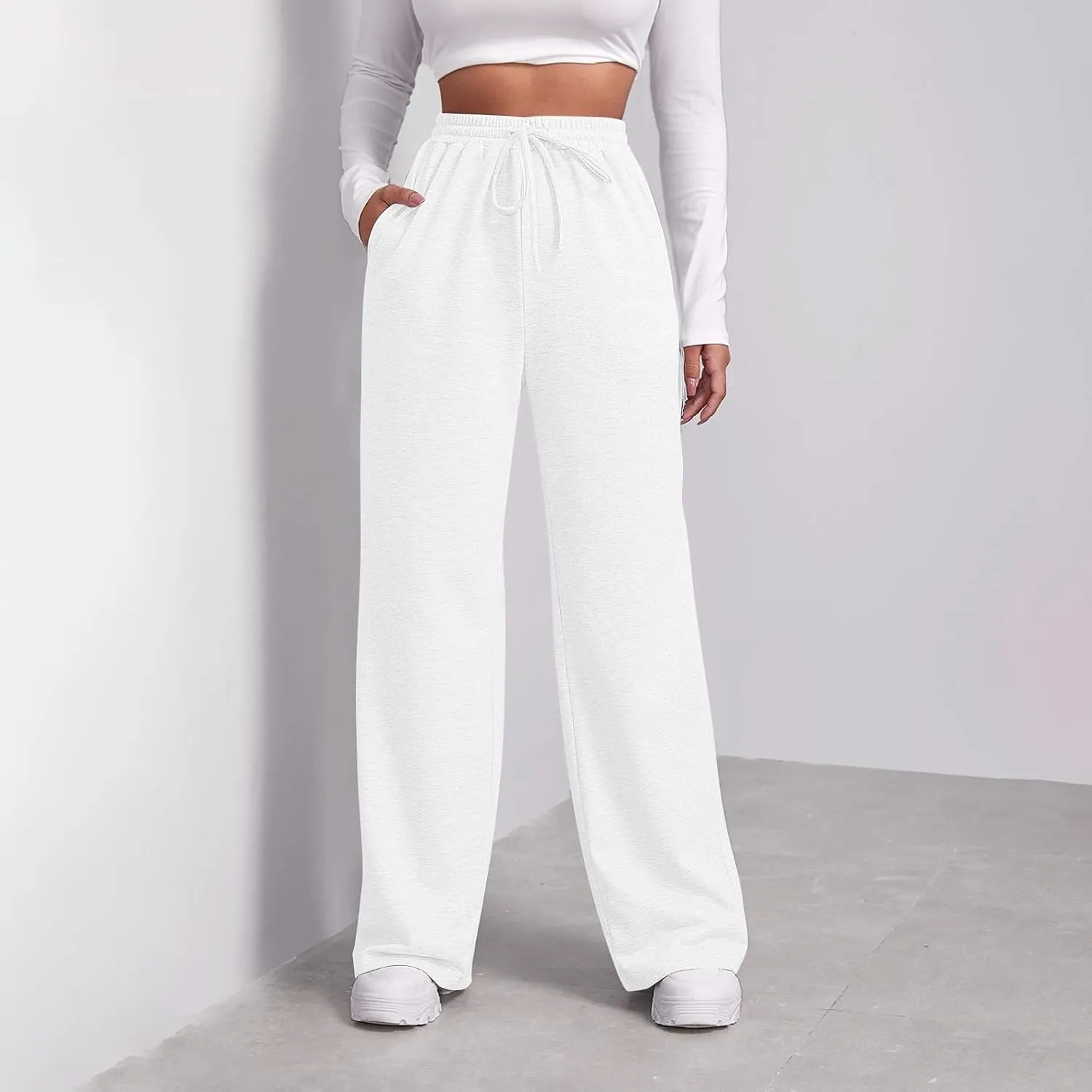 Wide Leg Sweat Pants for Womens Joggers with Pockets Comfy Fleece Sweatpants Elastic Waist Workout Lounge Pants