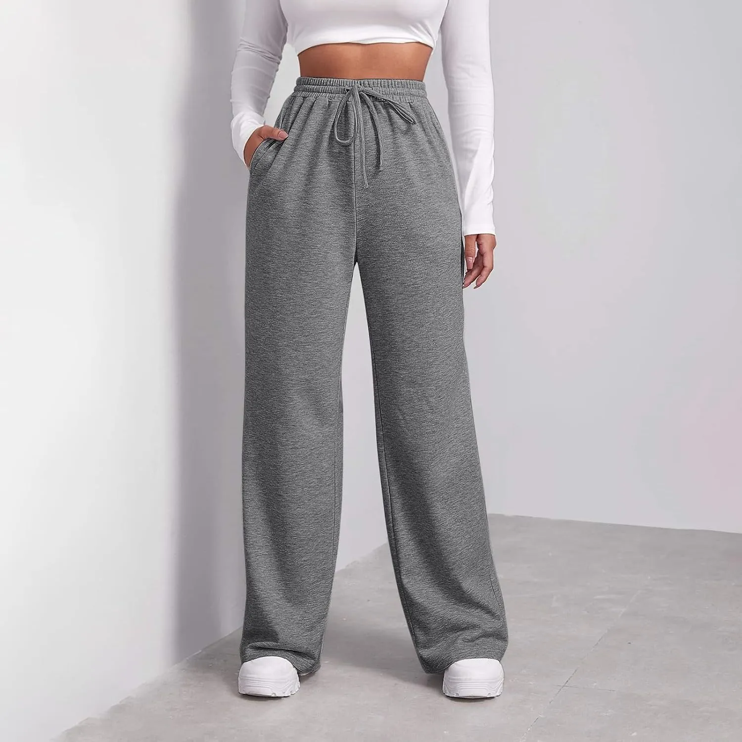 Wide Leg Sweat Pants for Womens Joggers with Pockets Comfy Fleece Sweatpants Elastic Waist Workout Lounge Pants
