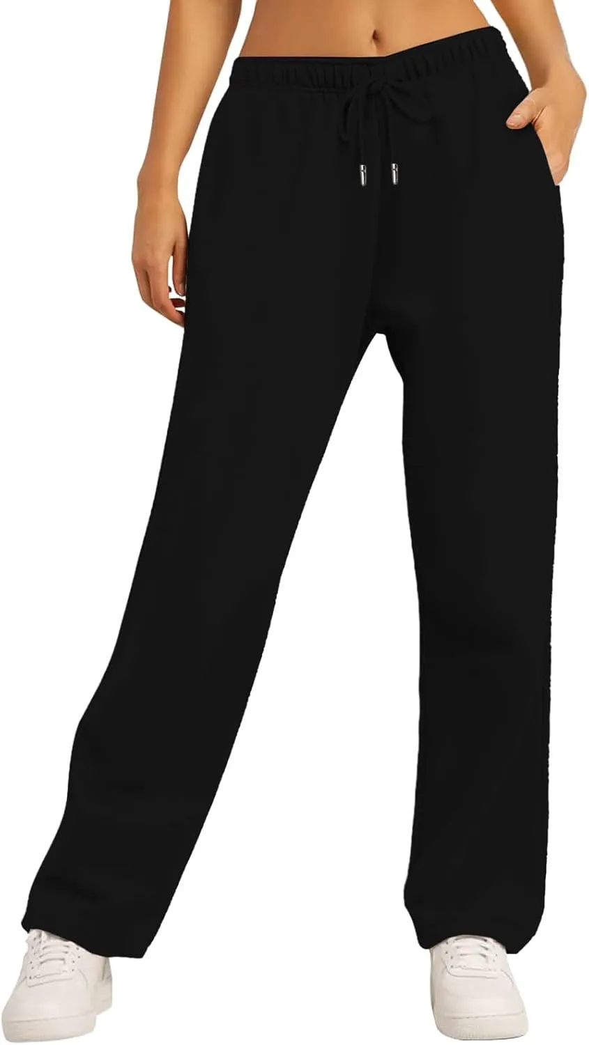 Wide Leg Sweat Pants for Womens Joggers with Pockets Comfy Fleece Sweatpants Elastic Waist Workout Lounge Pants