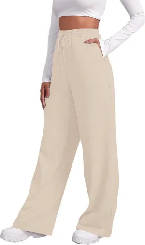 Wide Leg Sweat Pants for Womens Joggers with Pockets Comfy Fleece Sweatpants Elastic Waist Workout Lounge Pants