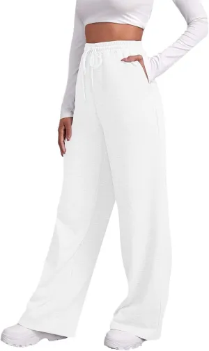 Wide Leg Sweat Pants for Womens Joggers with Pockets Comfy Fleece Sweatpants Elastic Waist Workout Lounge Pants