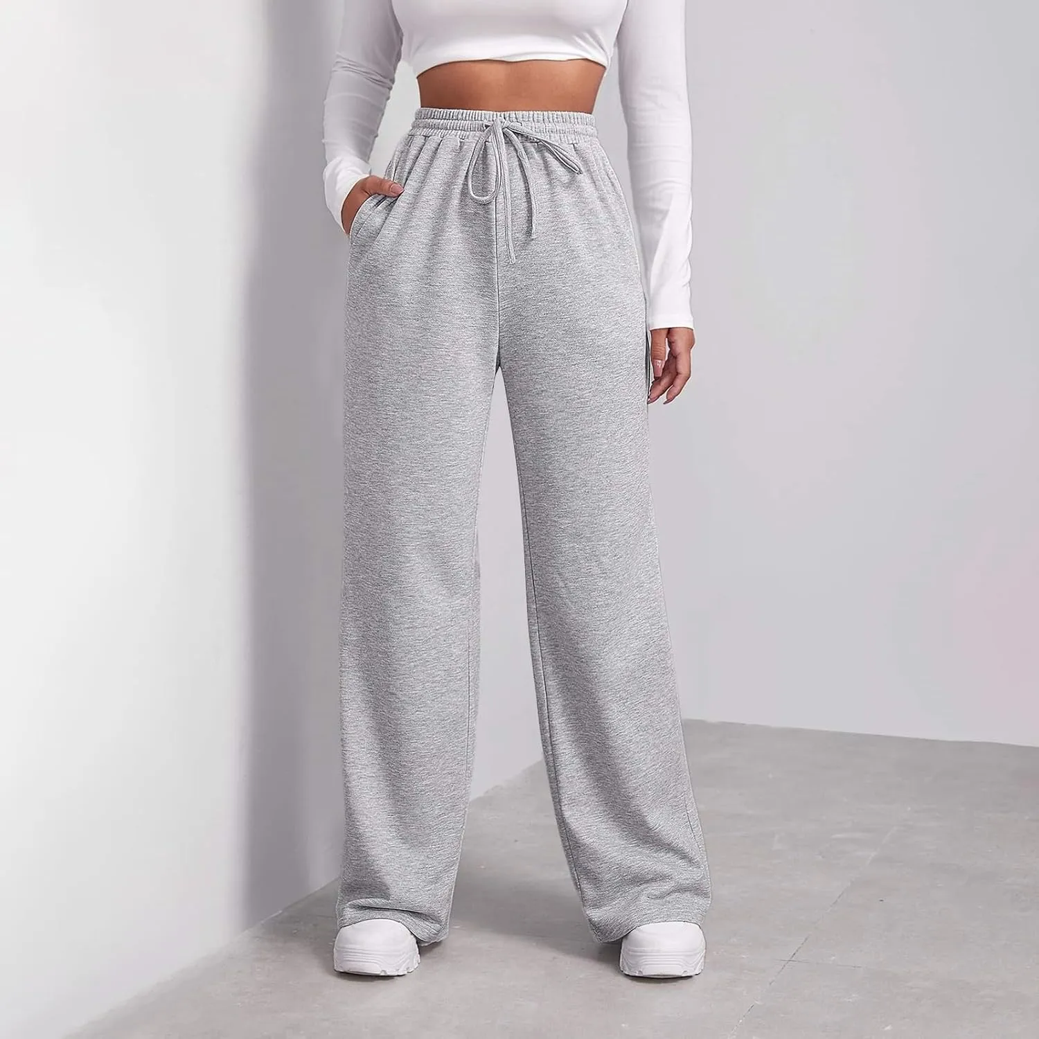 Wide Leg Sweat Pants for Womens Joggers with Pockets Comfy Fleece Sweatpants Elastic Waist Workout Lounge Pants