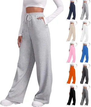 Wide Leg Sweat Pants for Womens Joggers with Pockets Comfy Fleece Sweatpants Elastic Waist Workout Lounge Pants