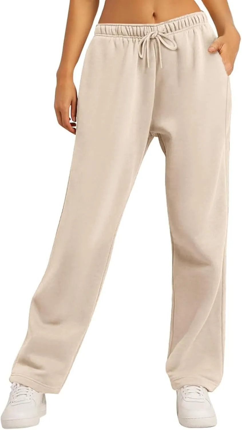 Wide Leg Sweat Pants for Womens Joggers with Pockets Comfy Fleece Sweatpants Elastic Waist Workout Lounge Pants