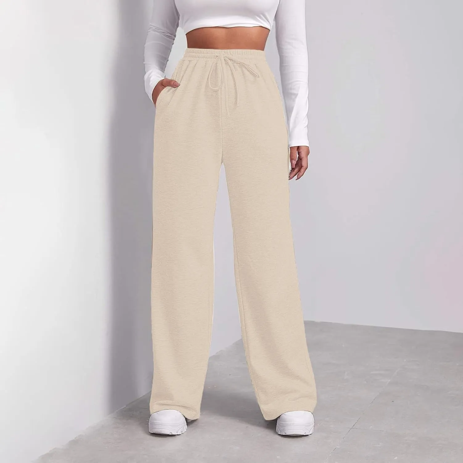 Wide Leg Sweat Pants for Womens Joggers with Pockets Comfy Fleece Sweatpants Elastic Waist Workout Lounge Pants