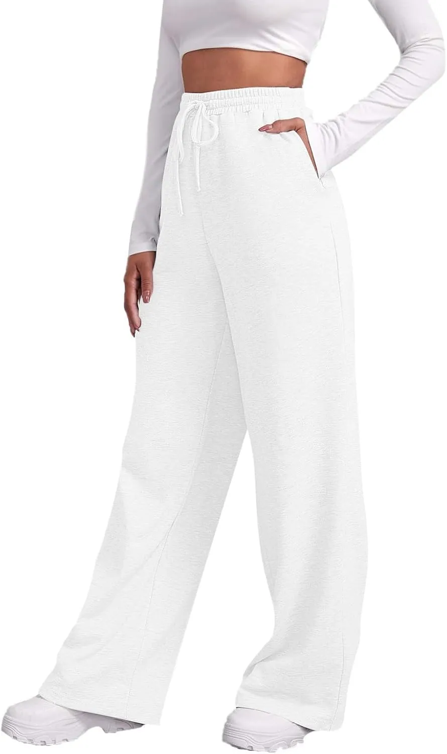 Wide Leg Sweat Pants for Womens Joggers with Pockets Comfy Fleece Sweatpants Elastic Waist Workout Lounge Pants